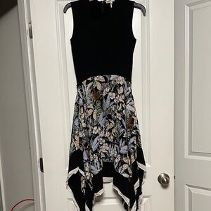 Maje Black and Floral Asymmetrical Dress